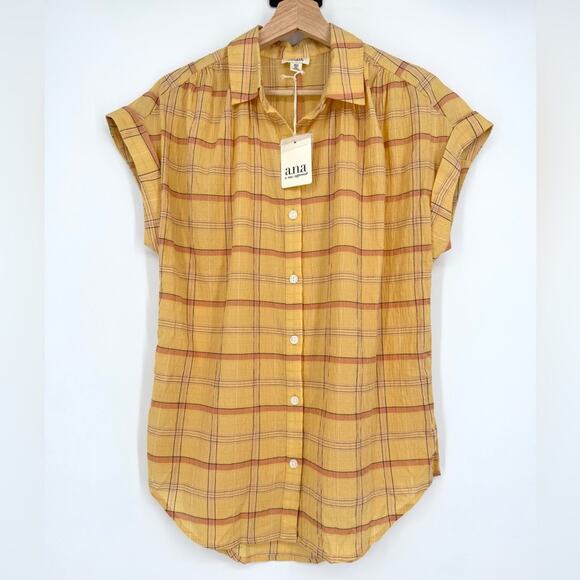 New A.N.A Plaid Button Up Blouse Top Yellow Orange XS Tall NWT‎ - Picture 1 of 8